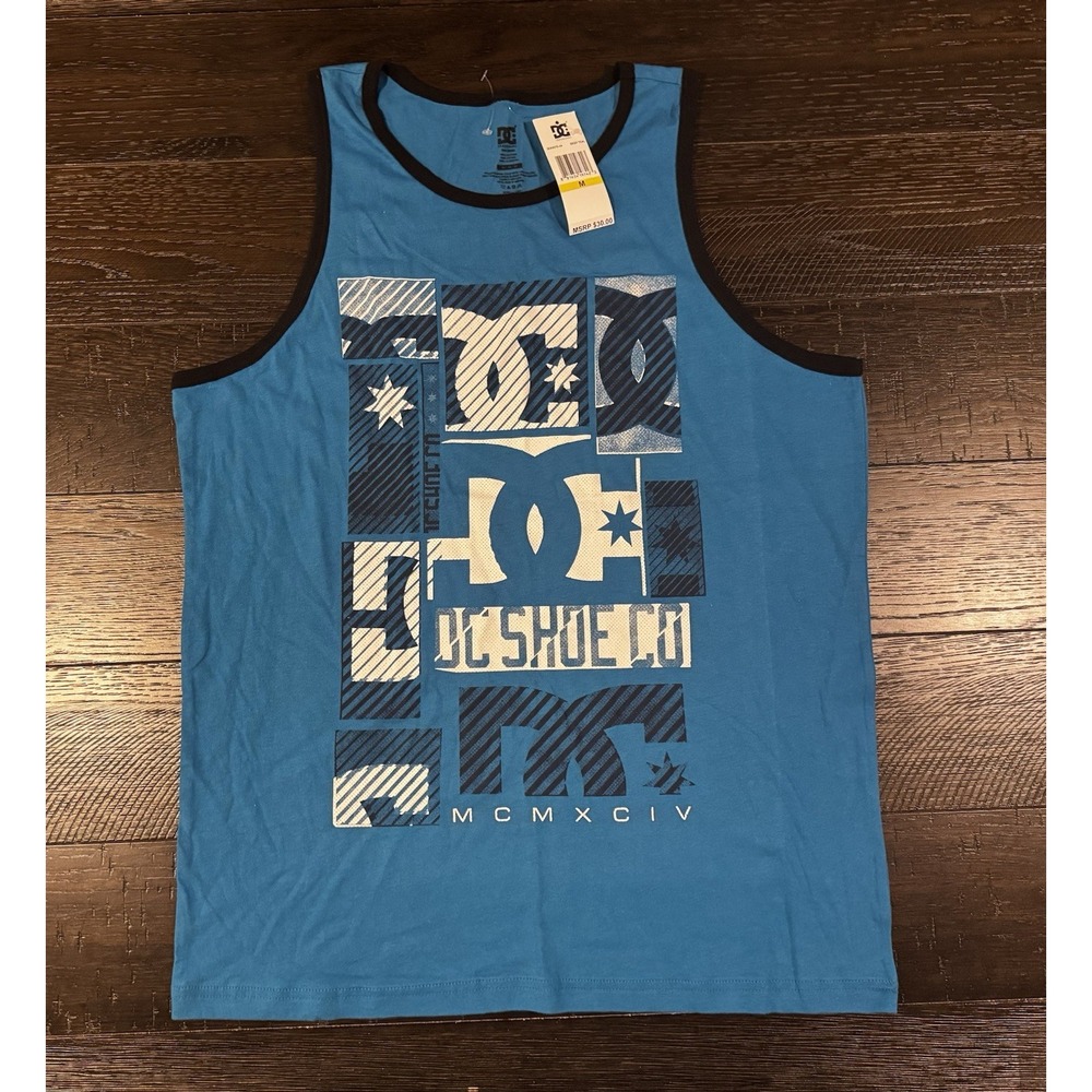 NWT DC Shoes Co Mens Tank Top Medium Cyan Blue Geometric Grid Logo Skate Vest